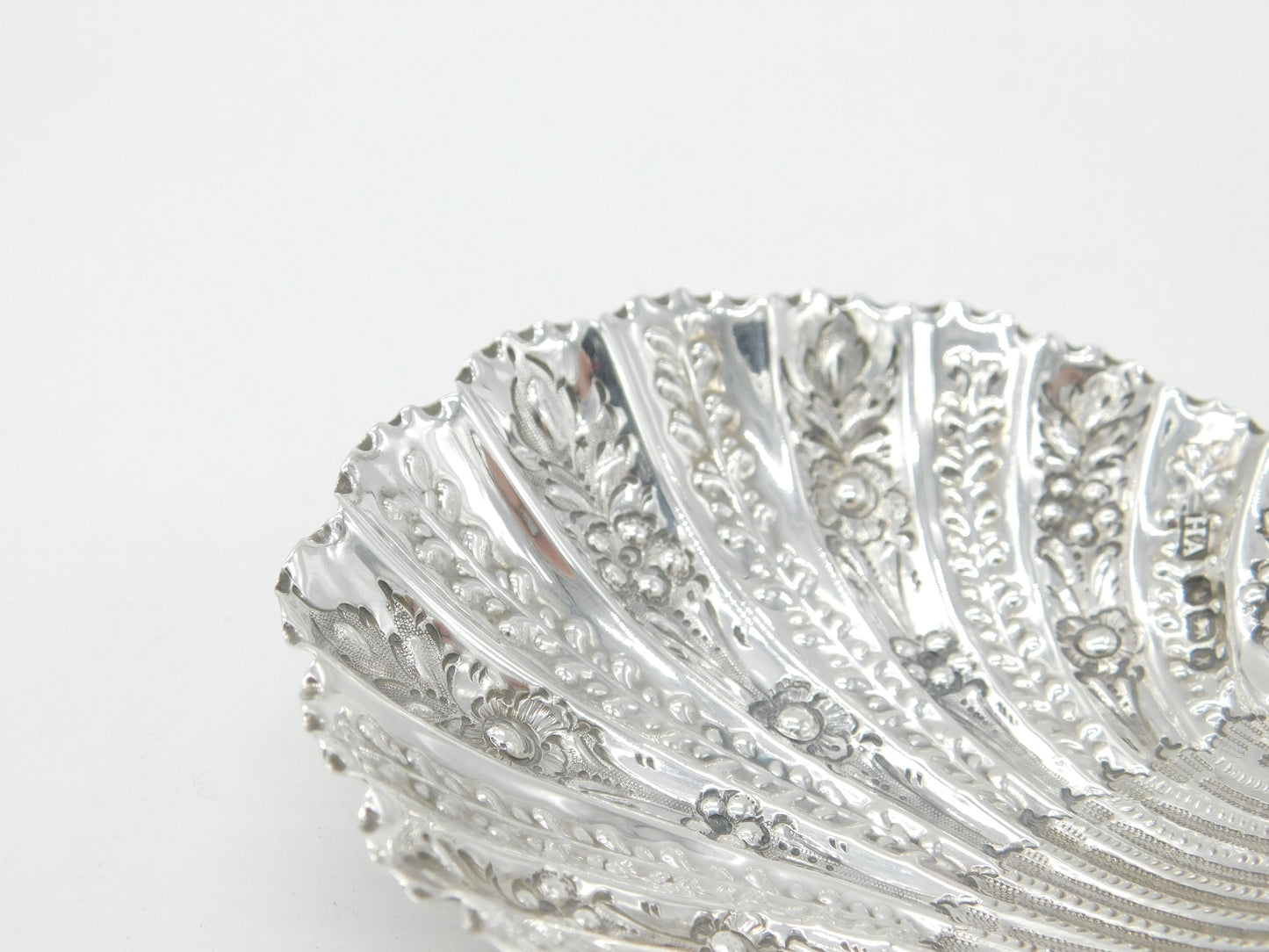 Victorian Sterling Silver Floral Pattern Shell Form Butter Dish 1890 Sheffield