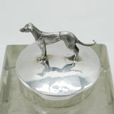 Edwardian Sterling Silver Mounted Glass Greyhound Racing Inkwell Antique 1909 Birmingham