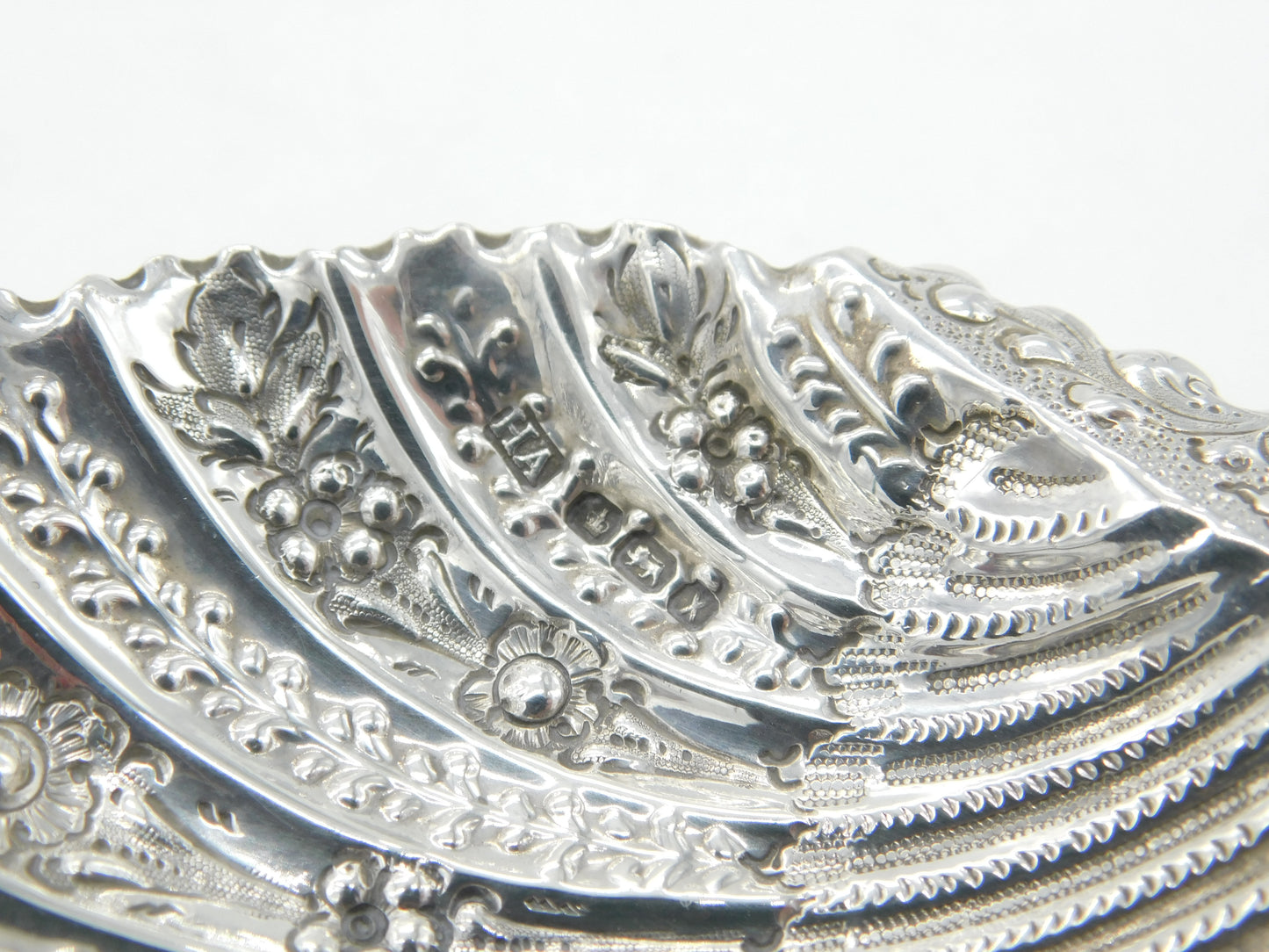 Victorian Sterling Silver Floral Pattern Shell Form Butter Dish 1890 Sheffield