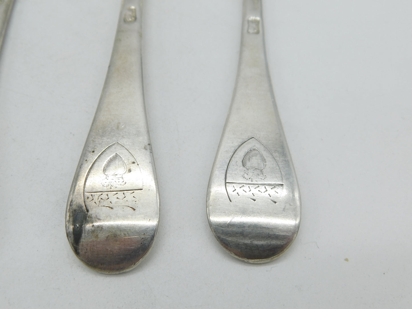 George I Britannia Silver Set of Four Armorial Serving Spoons Antique 1721 London