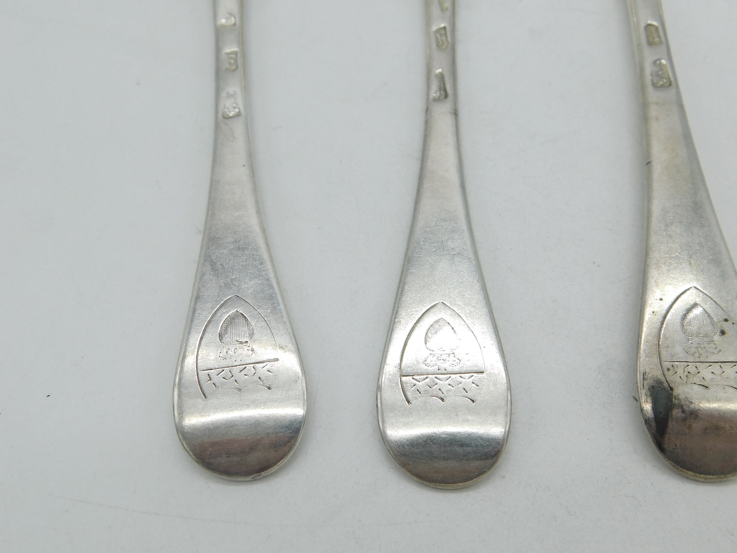 George I Britannia Silver Set of Four Armorial Serving Spoons Antique 1721 London