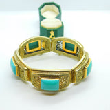 Chinese Sterling Silver Gilt Filigree & Turquoise Panel Bracelet Vintage c1950