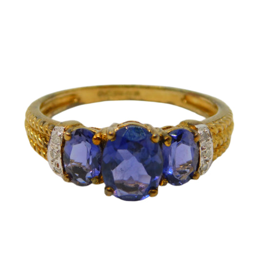 9ct Yellow Gold, Tanzanite & Diamond Three-Stone Ring Vintage 2000 Birmingham