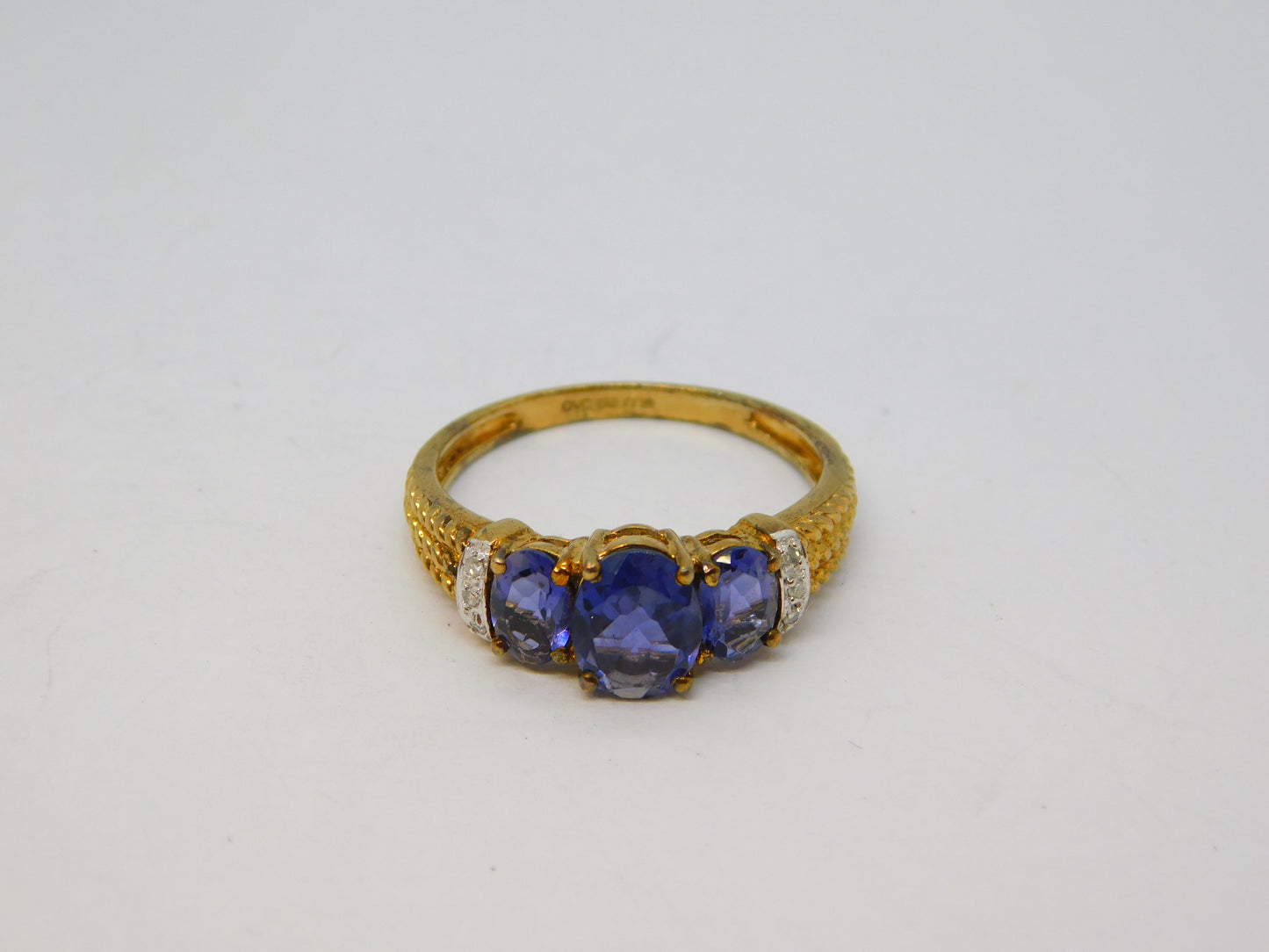 9ct Yellow Gold, Tanzanite & Diamond Three-Stone Ring Vintage 2000 Birmingham