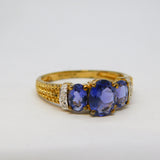 9ct Yellow Gold, Tanzanite & Diamond Three-Stone Ring Vintage 2000 Birmingham