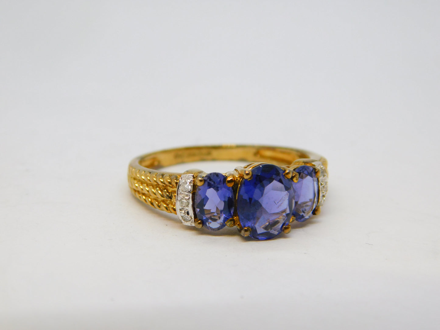 9ct Yellow Gold, Tanzanite & Diamond Three-Stone Ring Vintage 2000 Birmingham
