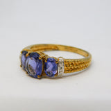 9ct Yellow Gold, Tanzanite & Diamond Three-Stone Ring Vintage 2000 Birmingham