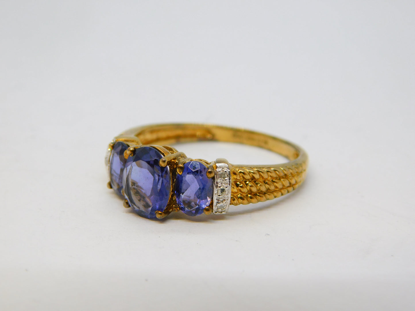9ct Yellow Gold, Tanzanite & Diamond Three-Stone Ring Vintage 2000 Birmingham