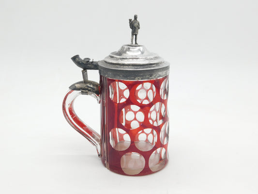 19th Century Danish Sterling Silver Topped Ruby Cut Glass Stein Antique c1850 Copenhagen