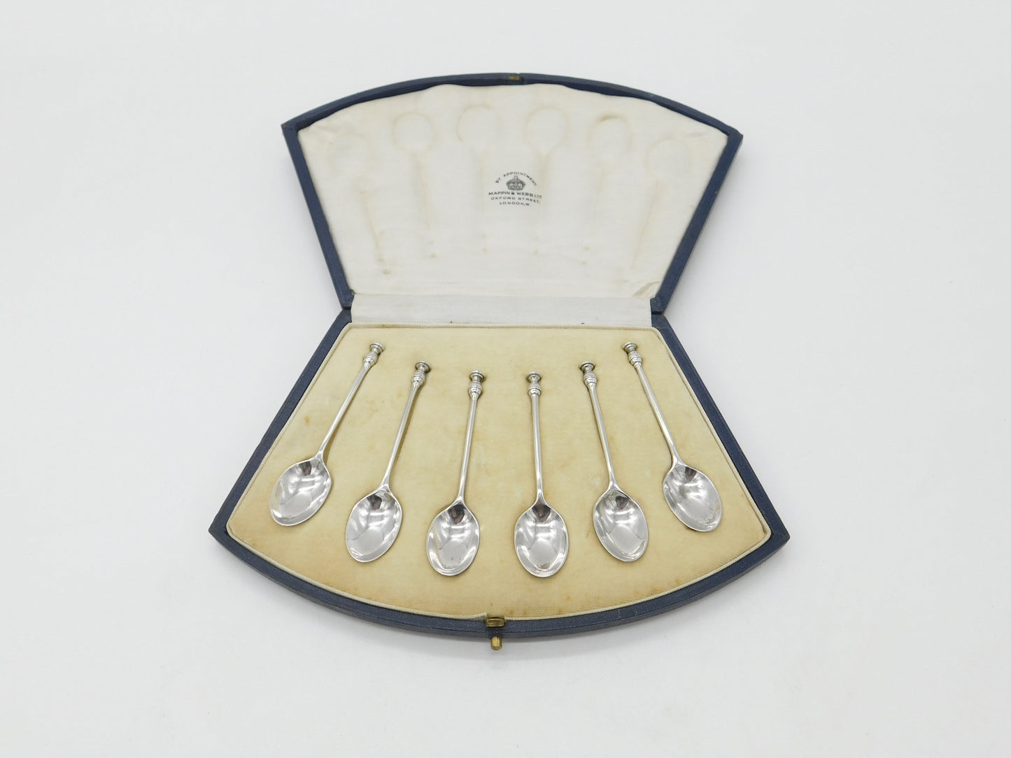 Boxed Set of Six Sterling Silver Seal Terminal Spoon 1923 Mappin & Webb Antique