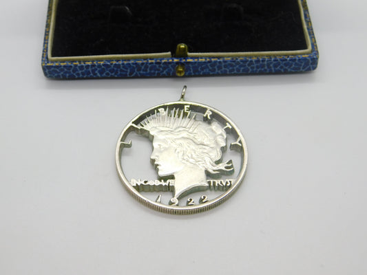 American .900 Grade Silver Peace Dollar Pierced Fob Pendant Antique 1922