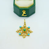 Victorian 18ct Yellow Gold, Pearl & Turquoise Floral Drop Pendant Antique c1880