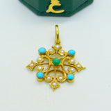 Victorian 18ct Yellow Gold, Pearl & Turquoise Floral Drop Pendant Antique c1880