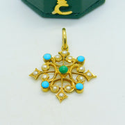 Victorian 18ct Yellow Gold, Pearl & Turquoise Floral Drop Pendant Antique c1880