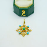 Victorian 18ct Yellow Gold, Pearl & Turquoise Floral Drop Pendant Antique c1880