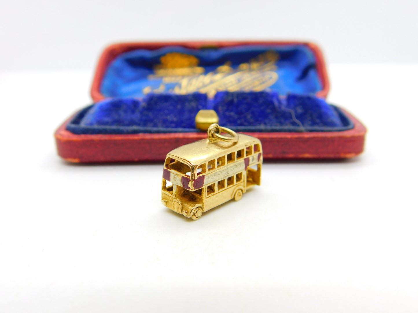 Enamel 9ct Yellow Gold London Double Decker Bus Charm or Pendant Vintage 1967