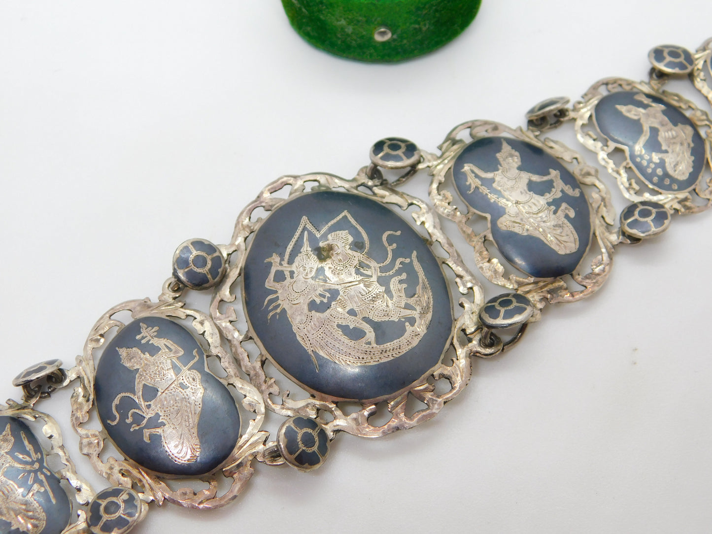 Siam Sterling Silver Niello Enamel Graduating Godess Bracelet Antique c1920