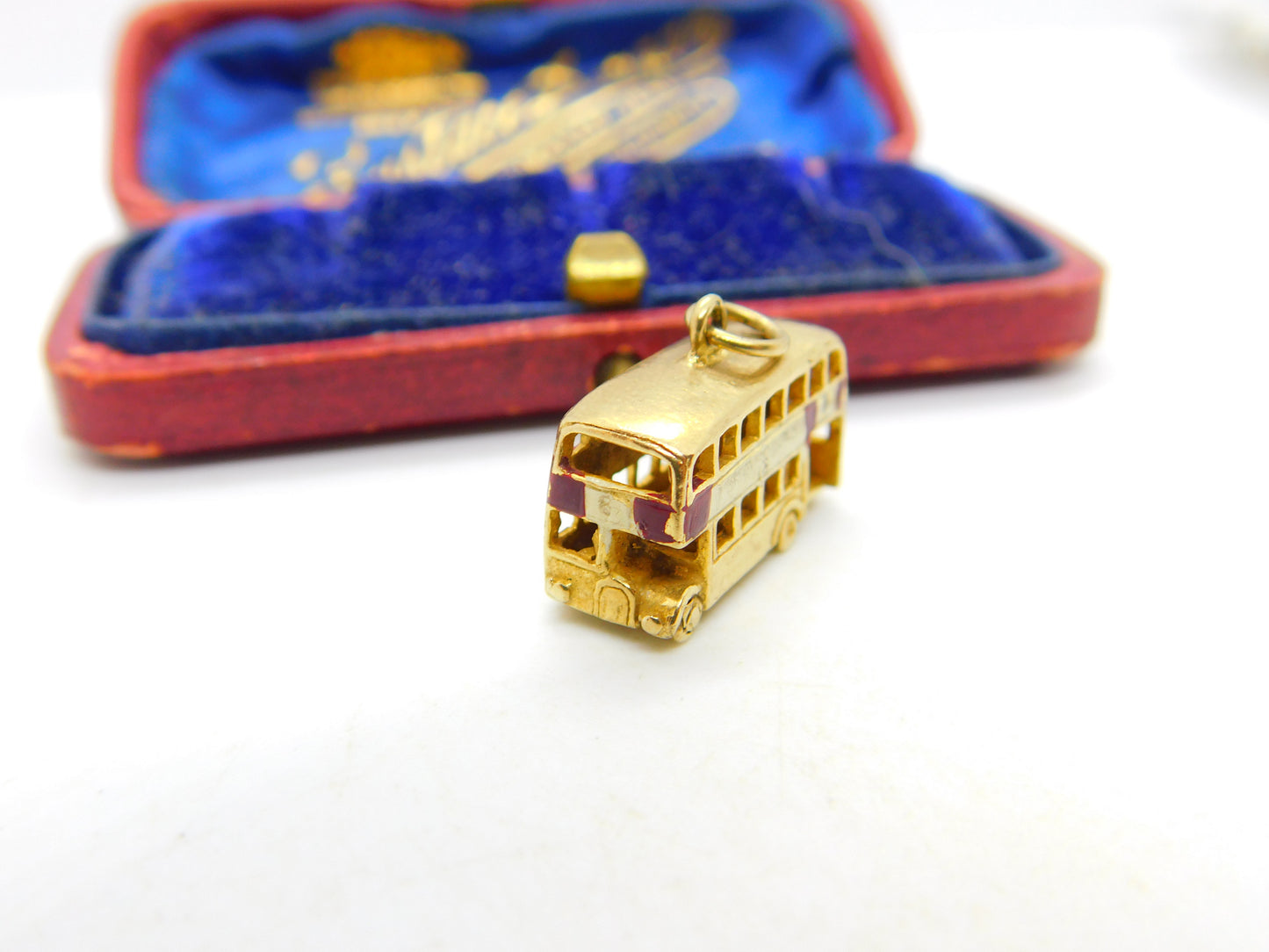 Enamel 9ct Yellow Gold London Double Decker Bus Charm or Pendant Vintage 1967