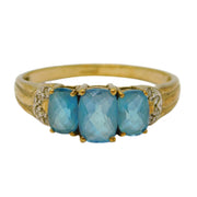 9ct Yellow Gold, Three-Stone Topaz & Diamond Dress Ring Vintage c1990