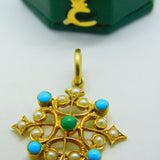 Victorian 18ct Yellow Gold, Pearl & Turquoise Floral Drop Pendant Antique c1880