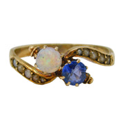 Victorian 9ct Gold, Sapphire, Opal & Seed Pearl Toi et Moi Ring Antique c1860s