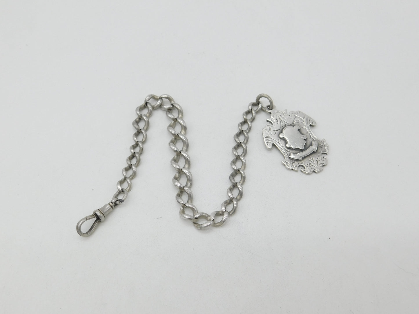 Victorian Sterling Silver Graduating Albert Watch Chain with Fob 1886 Antique