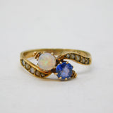 Victorian 9ct Gold, Sapphire, Opal & Seed Pearl Toi et Moi Ring Antique c1860s