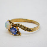 Victorian 9ct Gold, Sapphire, Opal & Seed Pearl Toi et Moi Ring Antique c1860s