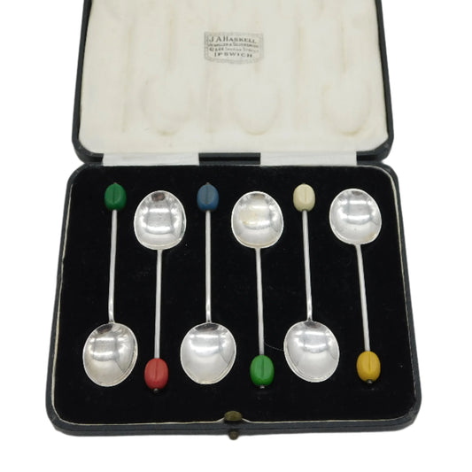 Boxed Set of Sterling Silver Bean Terminal Coffee Spoons Antique 1936 Birmingham