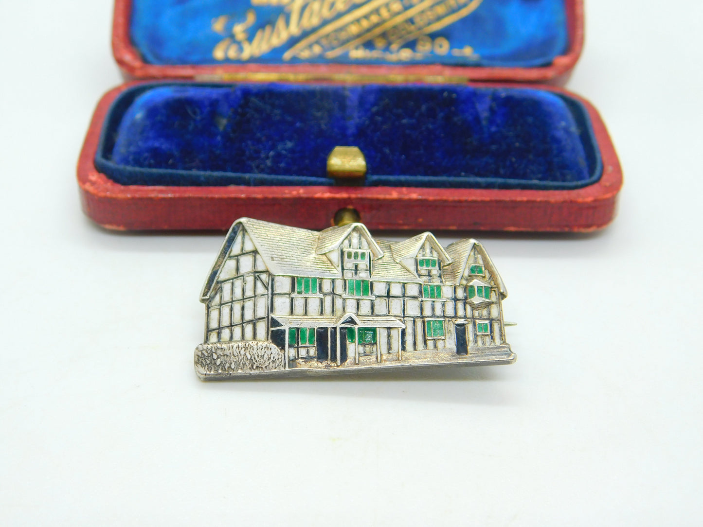 Victorian Sterling Silver & Enamel Shakespeare's Birthplace Brooch Antique 1876