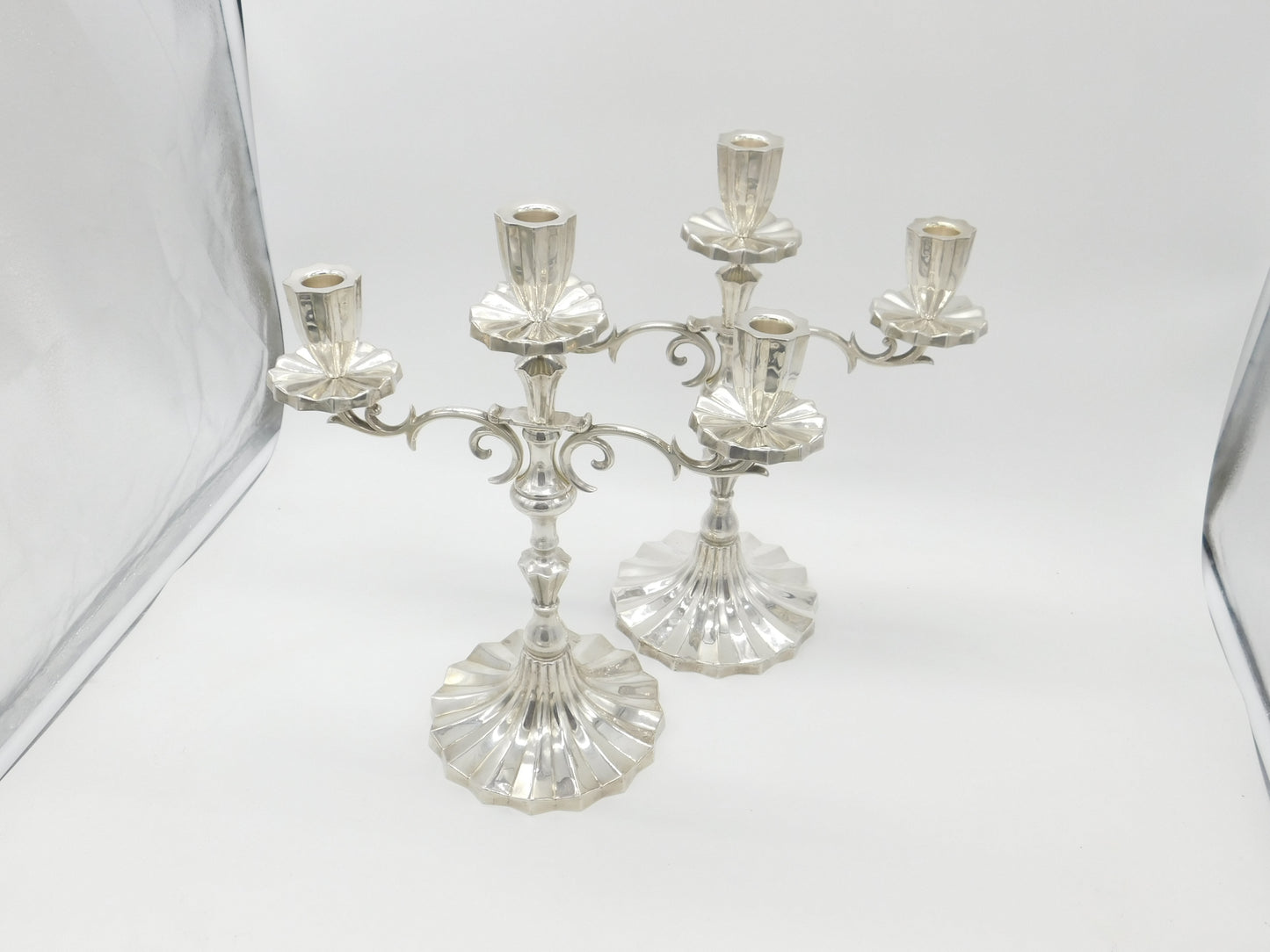 Pair of Large Mexican Cast Sterling Silver Candelabras Juvento Lopez Reyes 2.51kg Mexico City c1930