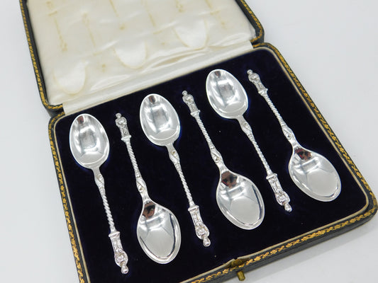 Boxed Set of Six Sterling Silver Apostle Terminal Teaspoons 1924 Sheffield