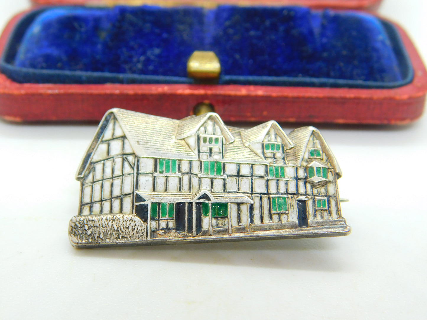 Victorian Sterling Silver & Enamel Shakespeare's Birthplace Brooch Antique 1876