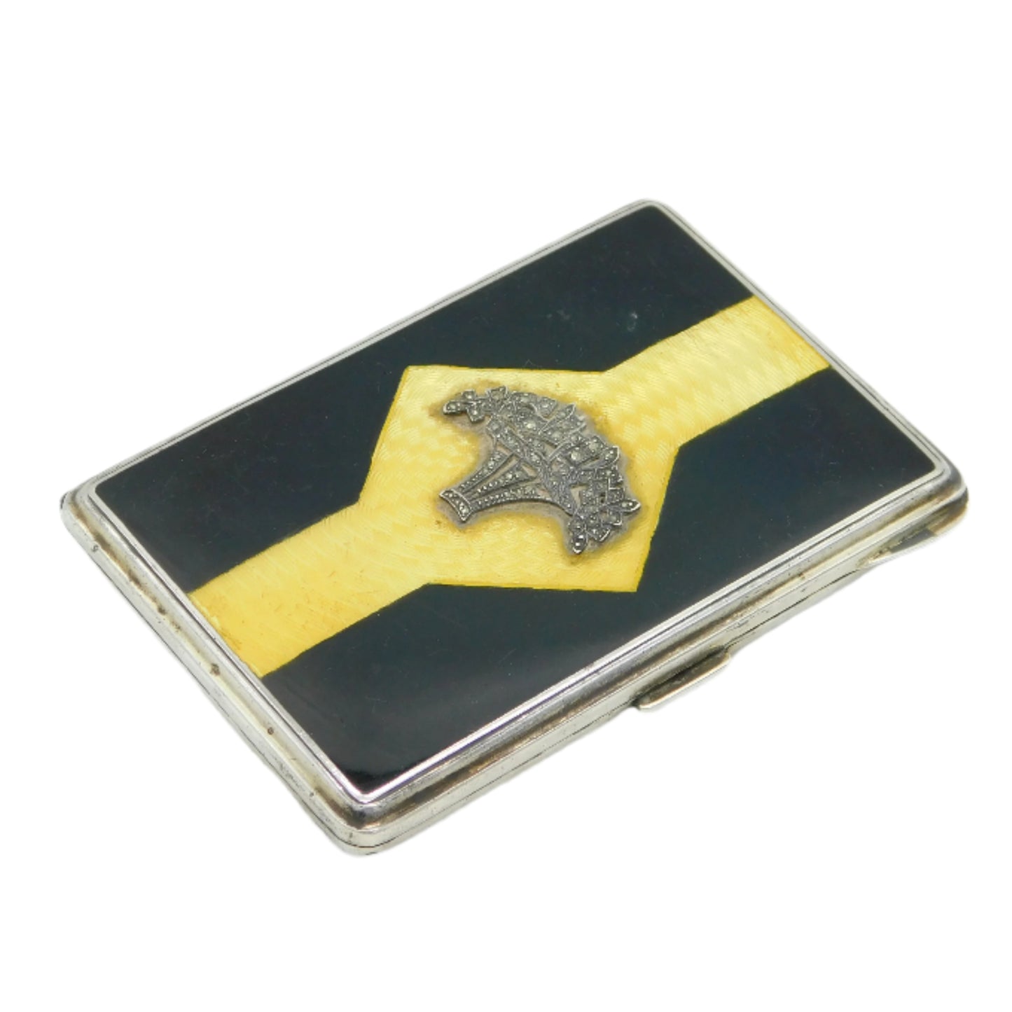 Sterling Silver, Yellow-Black Enamel, Marcasite Ladies Cigarette Case Antique 1930 London