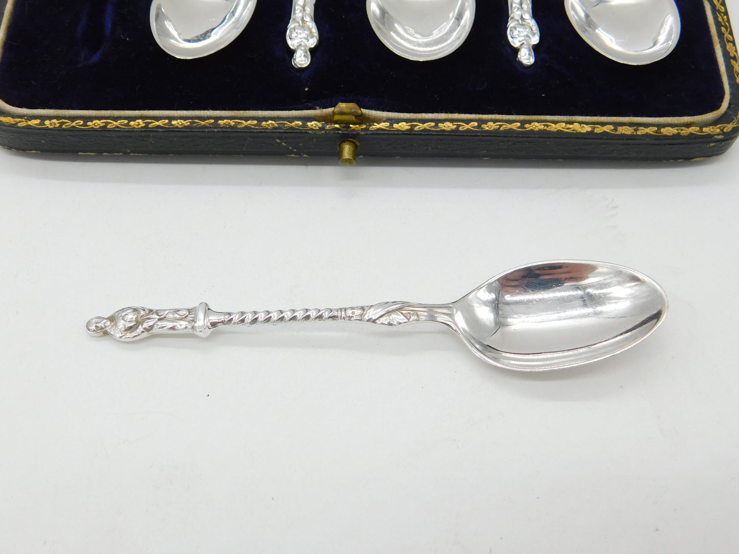 Boxed Set of Six Sterling Silver Apostle Terminal Teaspoons 1924 Sheffield