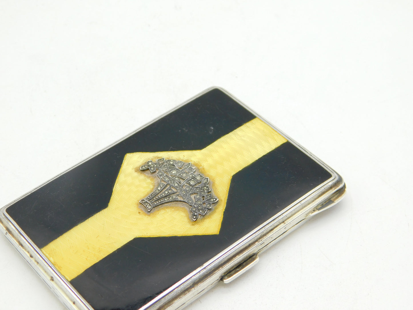 Sterling Silver, Yellow-Black Enamel, Marcasite Ladies Cigarette Case Antique 1930 London
