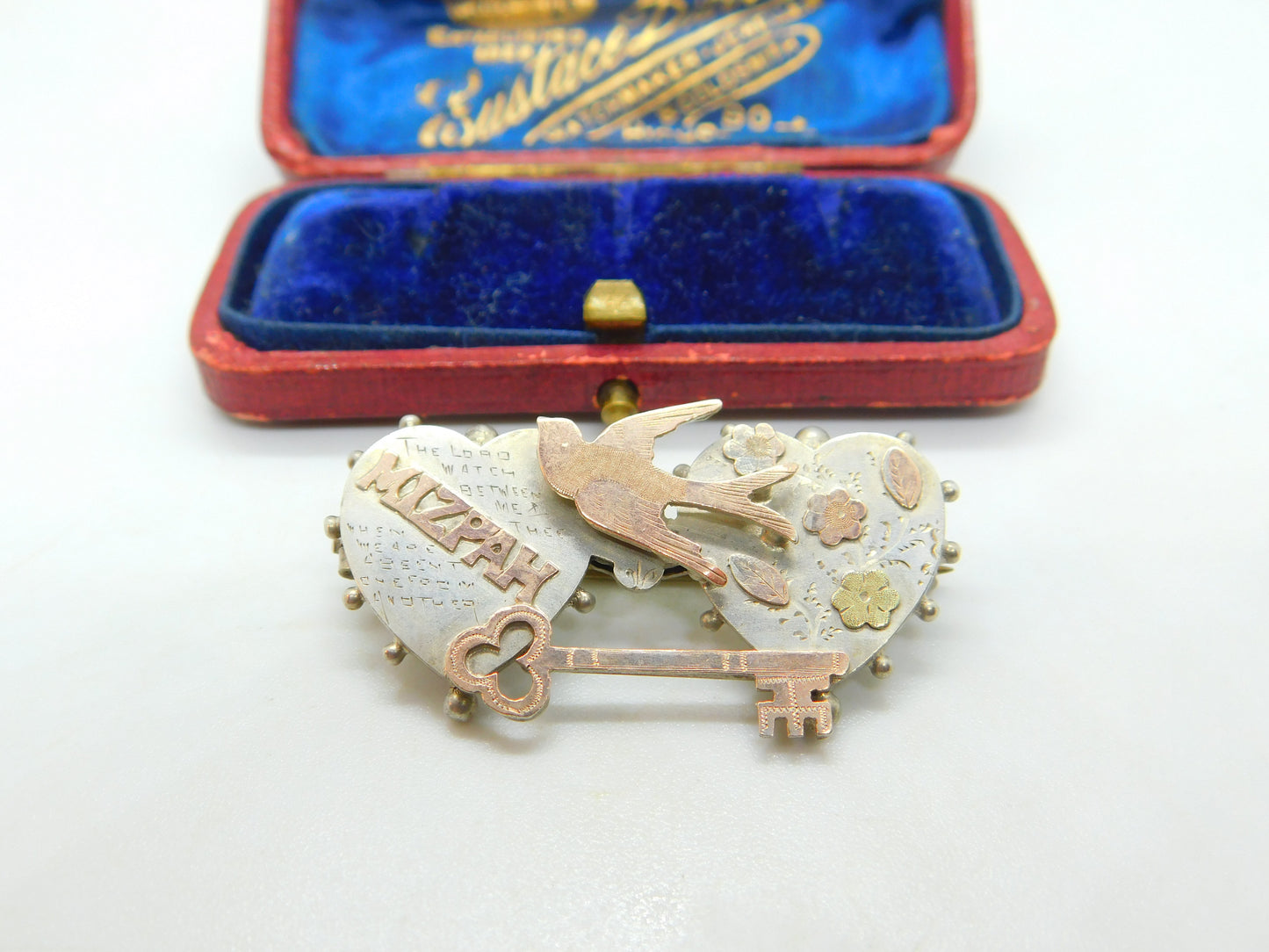 9ct Rose Gold & Sterling Silver Mizpah Swallow Brooch Antique 1910 Edwardian