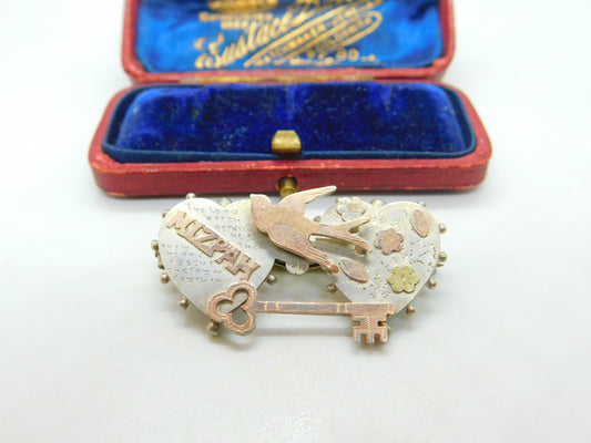 9ct Rose Gold & Sterling Silver Mizpah Swallow Brooch Antique 1910 Edwardian