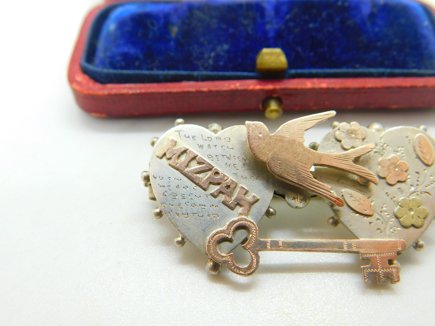 9ct Rose Gold & Sterling Silver Mizpah Swallow Brooch Antique 1910 Edwardian