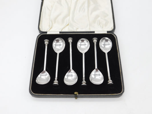 Boxed Set of Six Sterling Silver Seal Terminal Teaspoons Antique 1924 Sheffield