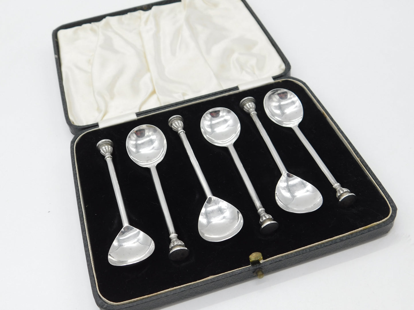 Boxed Set of Six Sterling Silver Seal Terminal Teaspoons Antique 1924 Sheffield