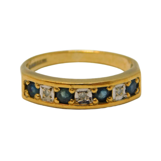 9ct Yellow Gold, Sapphire & Diamond Half-Eternity Ring Vintage 1994 Birmingham