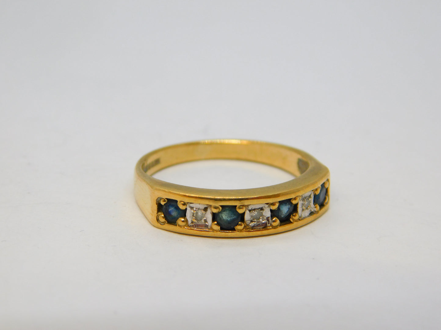 9ct Yellow Gold, Sapphire & Diamond Half-Eternity Ring Vintage 1994 Birmingham