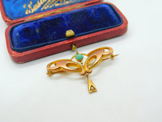 Art Nouveau 9ct Gold, Turquoise & Pearl Murrle Bennett Style Brooch Antique 1910