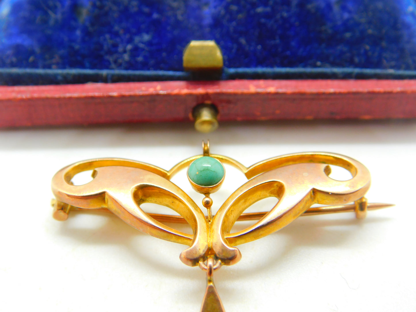 Art Nouveau 9ct Gold, Turquoise & Pearl Murrle Bennett Style Brooch Antique 1910