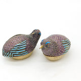 Pair of Chinese Sterling Silver Purple-Blue Enamel Quail Bird Trinket Boxes 1920