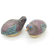 Pair of Chinese Sterling Silver Purple-Blue Enamel Quail Bird Trinket Boxes 1920