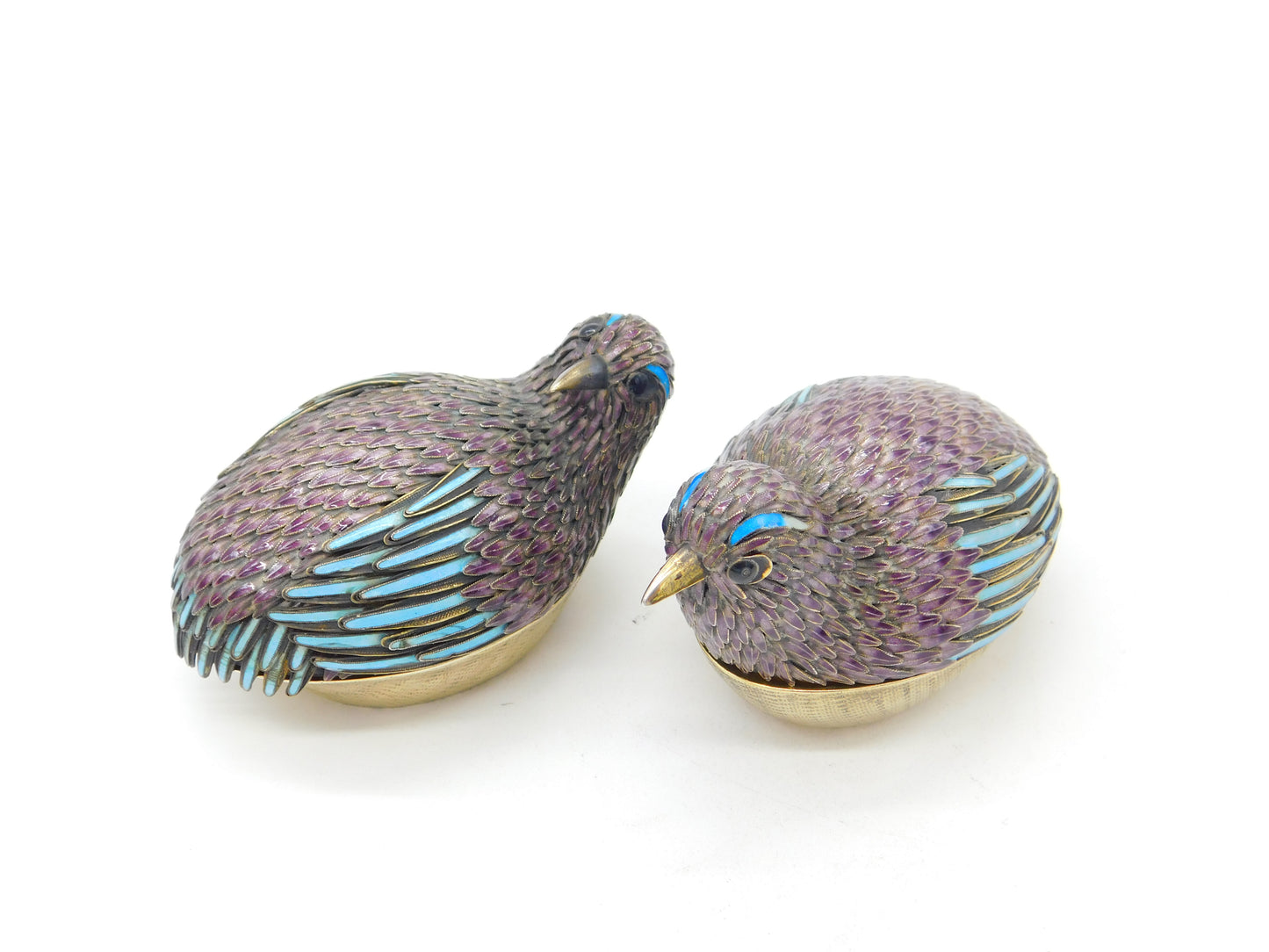 Pair of Chinese Sterling Silver Purple-Blue Enamel Quail Bird Trinket Boxes 1920