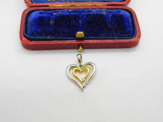 Double Heart Diamond Set Two Colour 18ct Gold Pendant Vintage c1980