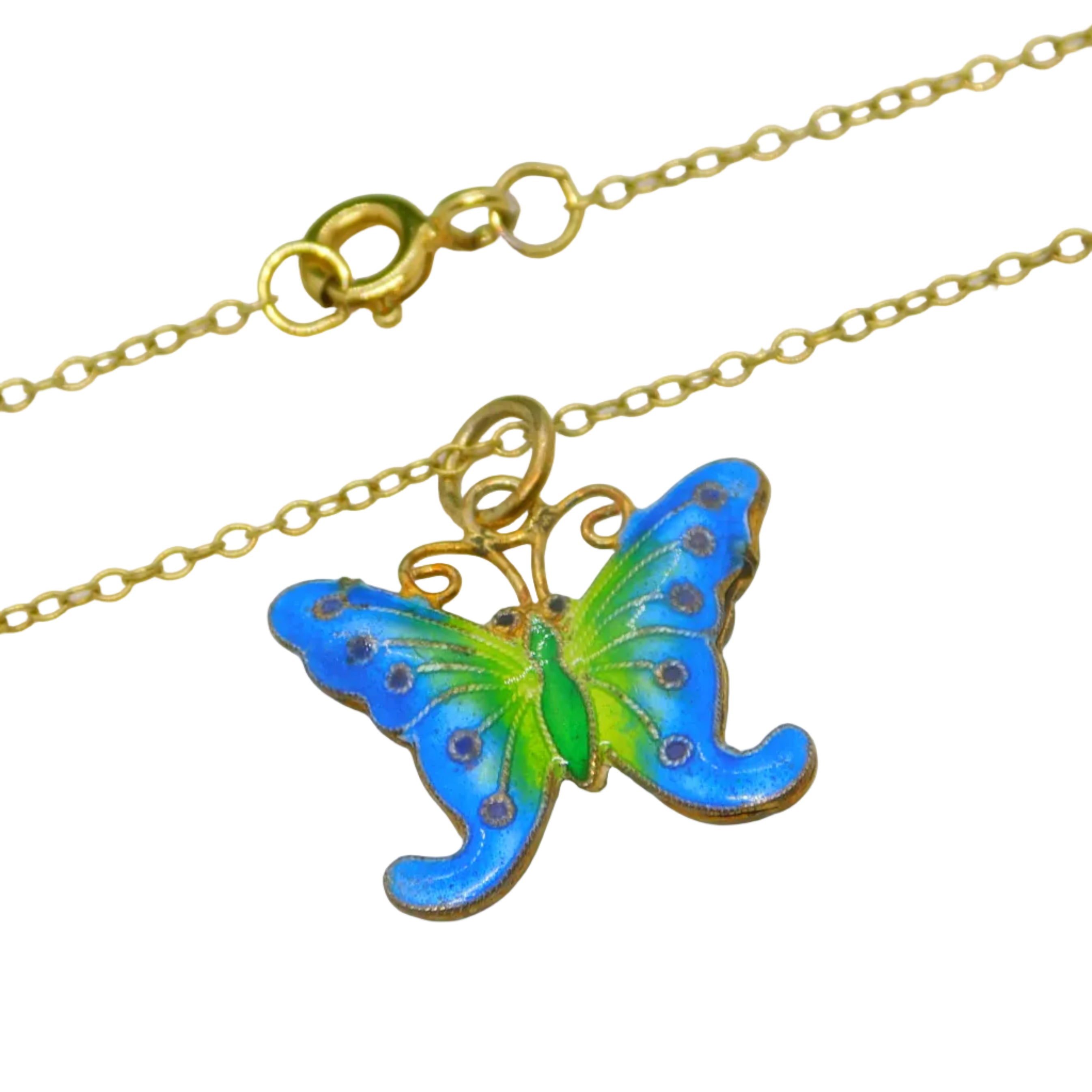 A sterling silver gilt and colorful enamel butterfly drop pendant with a chain, vintage c1970.